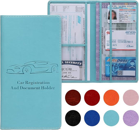 Car Registration and Insurance Card Holder for Women Men, Blue Glove Box Paperwork Organizer with Magnetic Buckle for Easy Access and Protect Documents and Various Cards in Vehicle