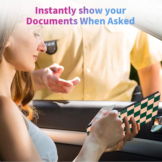 Car Registration and Insurance Holder,PU Leather Car License Document Insurance and Registration Card Holder Men Women Vehicle Glove Box Organizer Auto Accessories-Dark Green Checkerboard Pattern