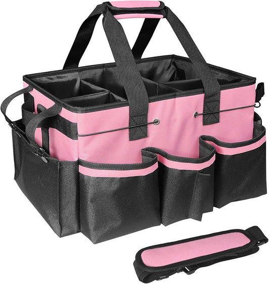Cleaning Bags for Housekeepers, Large Cleaning Supplies Organizer with Handles & Shoulder Strap, Cleaning Caddy Bag with Foldable Divider for Cleaners, Car Horse Cleaning Bag(Pink)