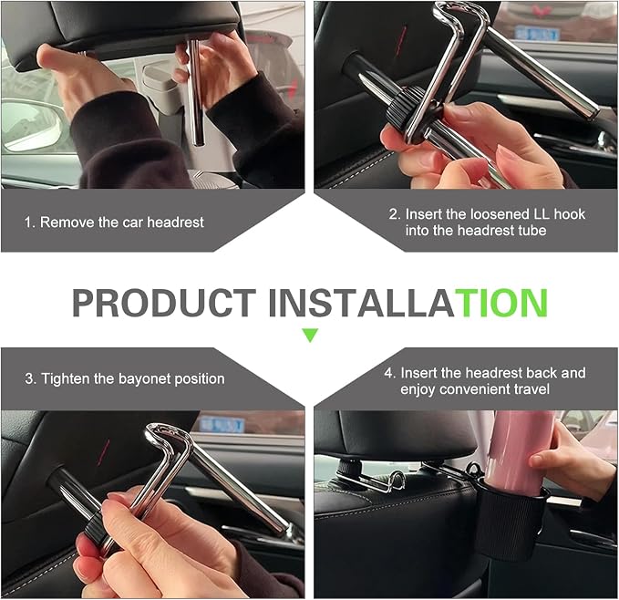 2 PCS Car Headrest Hooks, 10 KG Load-bearing Multi-functional Organizer, Rotatable Concealable Storage Hook, Seat Back Hanger for 0.47" - 0.59" Headrest Tube (Black)
