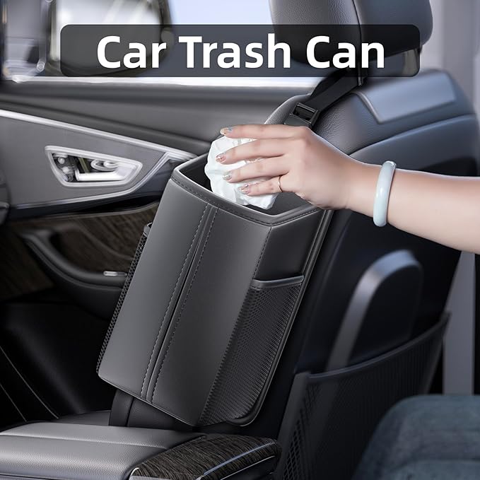 Car Tissue Holder for Front Seat, Headrest Organizer with 2 Side Mesh Pockets for Phones & Cards, Square PU Leather Tissue Box Cover Holds 150 Tissues (2 Pack)