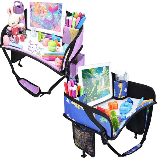 2PCS Kids Travel Tray for Airplane - Toddler Car Seat Table Tray, Road Trip Essentials for Boys & Girls, Carseat Lap Desk for Kids Road Trip Activities (Blue Dinosaur/Purple Mermaid)