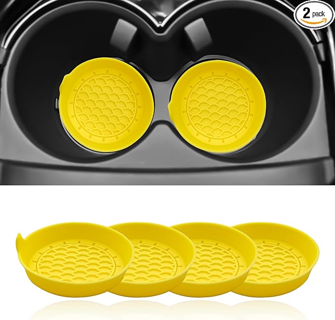 4-Pack Universal Cup Holder Coasters, Black Silicone Inserts - Keep Your Car Clean with Non-Slip & Spill-Proof Coasters for All Vehicles (Yellow)