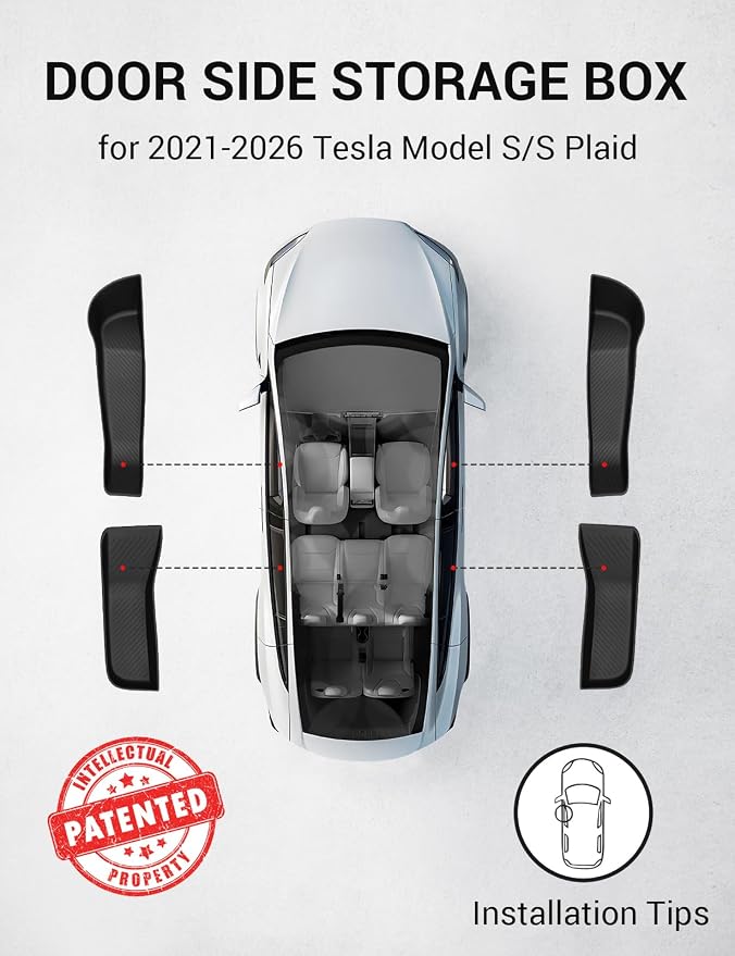 BASENOR 2021-2026 Tesla Model S Door Side Storage Box, Door Organizer Tray (Proprietary Design) Front Rear Slot Pockets, Protector Liner for Model S/S Plaid Accessories Set of 4