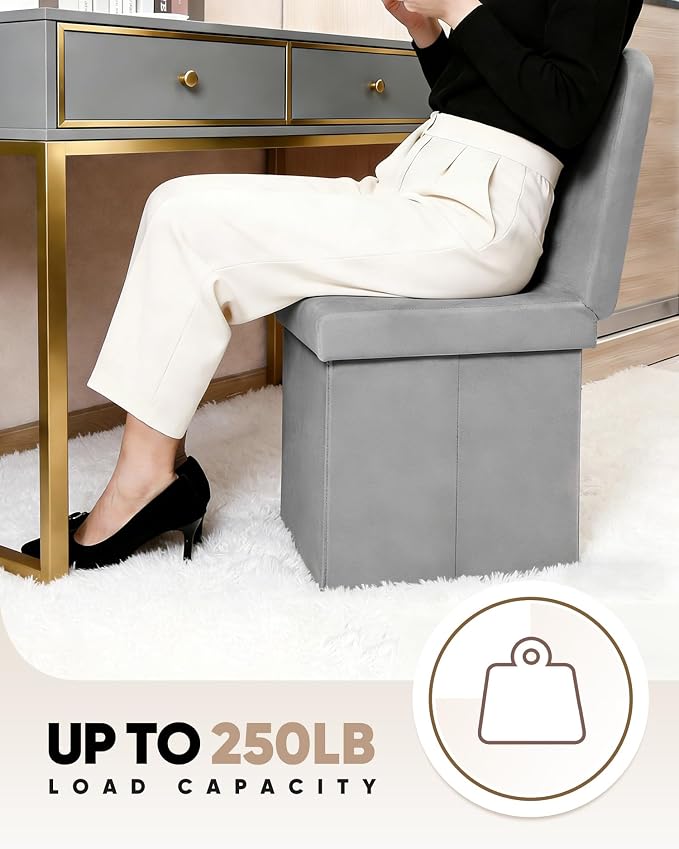 B FSOBEIIALEO Velvet Storage Ottoman with Seat Back, Folding Chair for Living Room, Room Organizer Storage Cubes, Toy Chest Storage Box (Grey, Medium)