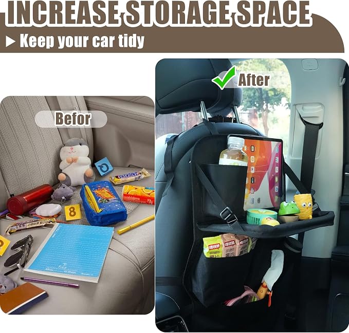 XDV Car Seat Organizers,Multi-functional Back Seat Protectors, Storage Pouches, Child kicking prevention and Tray Holders Kick Mats Back (for Cars, Kids,and Rear Seats) (Black, 2 Pack with Food Tray)
