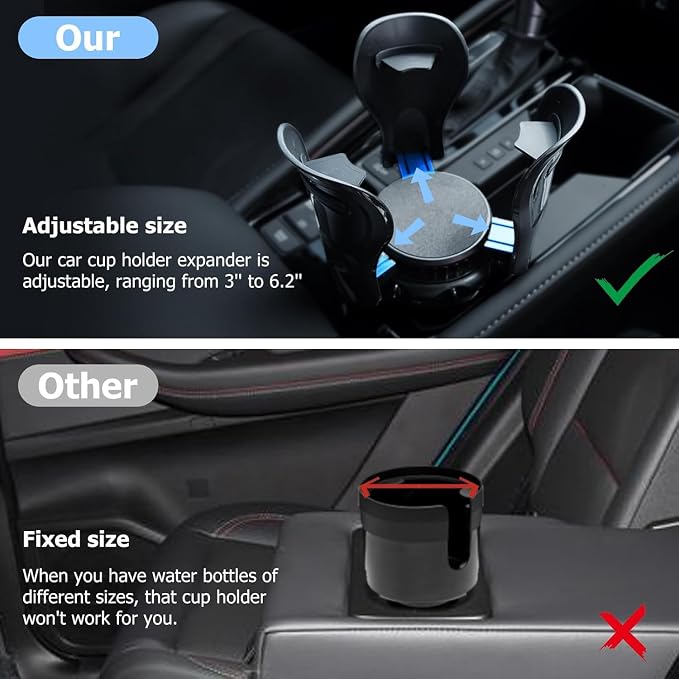 Car Cup Holder Expander, Cup Holder Insert Adapter with Expandable Arm and Adjustable Base,Fits Car, Truck, RV, SUV 12-64 oz and Big Bottles Mugs in 3'' - 6.2''Most Coffee Mugs Bottles,Cups
