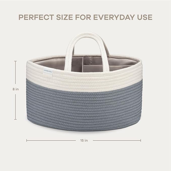 Comfy Cubs Rope Diaper Caddy Organizer 8.5" x 15" x 8" - Large Baby Diaper Basket with 3 Spacious Compartments - Stylish Cotton Baby Caddy Organizer for Diapers, Wipes & Essentials - Pacific Blue