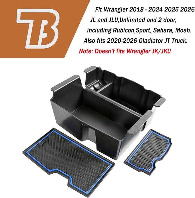 Center Console Organizer Compatible with Jeep Wrangler JL & JLU 2018 2019-2024 2025 2026 Accessories, Gladiator JT Truck 2020 2021 2022 2023-2026 Insert Tray Armrest Storage Box, Blue