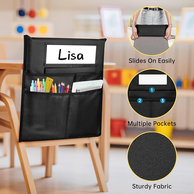 12 Pack Chair Pockets for Classrooms, Black Chair Pocket with 3 Heavy Duty Storage Pocket, Chair Back Buddy Pockets with Name Tag Slot, Chair Back Storage Organizer for Classroom, Home, 16 x 19 Inch
