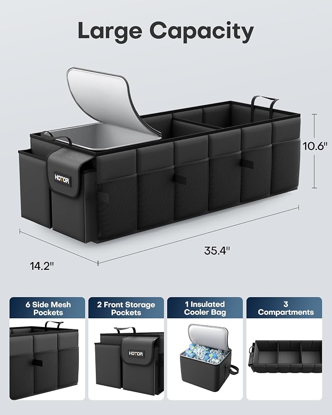 HOTOR Trunk Organizer for Car & SUV, Sturdy Car Organizer with Removable Cooler, Large Foldable Trunk Organizer with Cooler, 3 Compartments, Adjustable Straps, Black, 35.43”×14.17“×10.63”