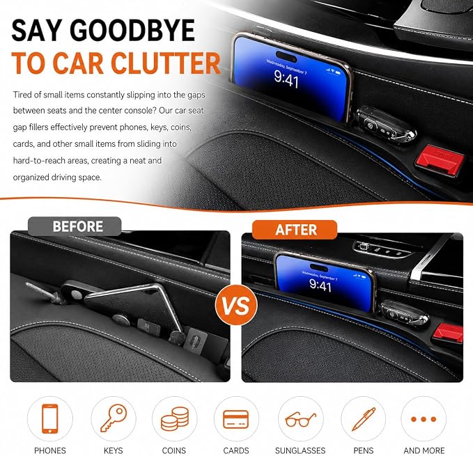 Car Seat Gap Filler 2 Pack, Universal Fit No Drop Seat Guard with Storage Pocket, Car Seat Gap Plug Prevents Phones, Keys and Coins from Falling, Auto Accessories for SUV, Truck, Sedan