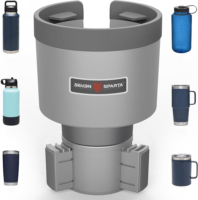 Seven Sparta Car Cup Holder Expander with Offset Adjustable Base, Compatible with Hydro Flasks 32/40 Ounce, Compatible with Yeti Ramblers 20/26/30 Ounce, Other Bottles in 3.4"-3.8" (Gray)