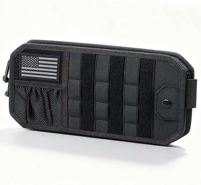 Molle Car Sun Visor Organizer,Car Accessories with Zipper Visor Storage Pouch&Glasses Clip&Adjustable Straps, Semi-Rigid Molle Panel for Tactical Gears, Fits Most Vehicles, SUVs (Black)
