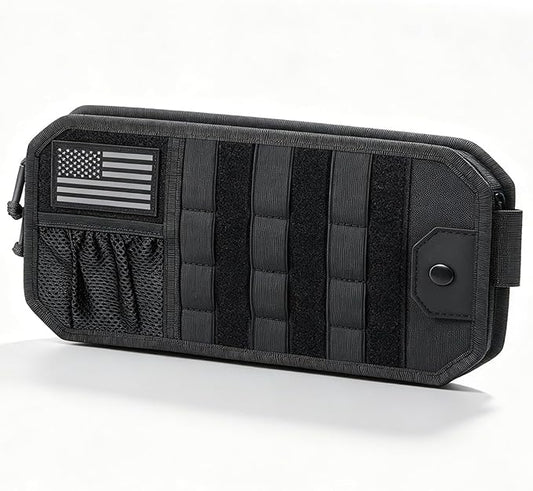 Molle Car Sun Visor Organizer,Car Accessories with Zipper Visor Storage Pouch&Glasses Clip&Adjustable Straps, Semi-Rigid Molle Panel for Tactical Gears, Fits Most Vehicles, SUVs (Black)