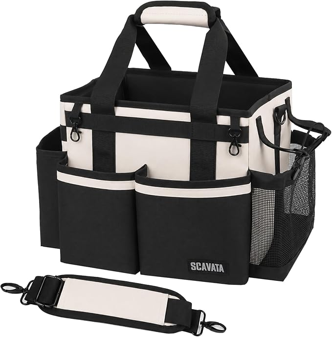 SCAVATA Compact Wearable Cleaning Caddy, Small Cleaning Supplies Organizer with Handle & Shoulder Straps for Housekeepers, under Sink & Car Cleaning Tool Organizers Bag, Cream White