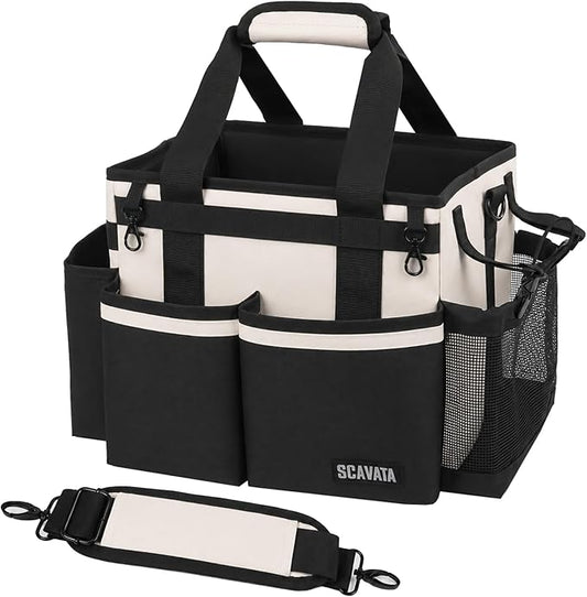 SCAVATA Compact Wearable Cleaning Caddy, Small Cleaning Supplies Organizer with Handle & Shoulder Straps for Housekeepers, under Sink & Car Cleaning Tool Organizers Bag, Cream White