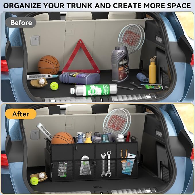 Car Trunk Organizer for SUV 60L Backseat Car Organizer Back Seat Large Storage Trunk Compartment Collapsible Car Caddy Heavy Duty Truck Storage Bin w/6 Pockets Adjustable Straps Cargo Van Jeep Sedan