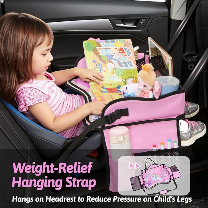 OUOZZZ Kids Travel Tray for Car, Girl's Safety Seat Table | Weight-Relief Strap, Non-Skid Silicone Base, Waterproof Dining/Craft Mat, Carseat/Airplane Lap Desk