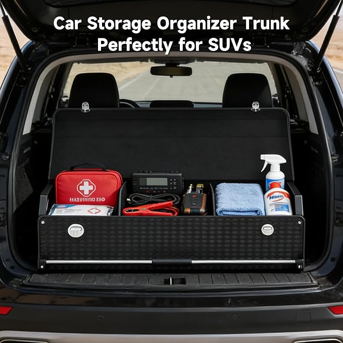 SUV Trunk Organizers, Sturdy Leather Trunk Storage Organizer with Lid & Push-pull Handle, Large Capacity Waterproof Cargo Storage Box for BMW Audi Civic Sedan (39.7 x 11.4 x 12.2in)