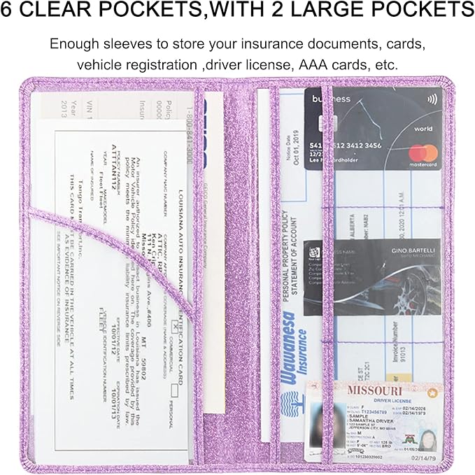 Car Registration and Insurance Holder, Premium Leather Insurance and Registration Holder,vehicle Glove Box Car Organizer, with Magnetic Shut for Cards, Driver License (Glitter Purple)