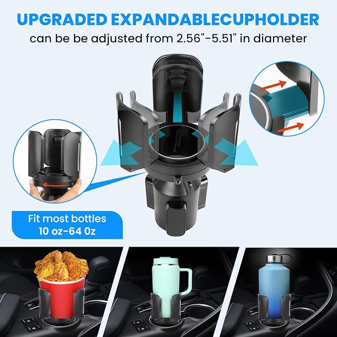 Cup Holder Expander for Car with Adjustable Holder & Base, Compatible with 10-64oz Yeti Ramblers, Hydro Flask, Nalgene, Stanley, Hold 2.9"-5.5" Large Bottles Mugs Food Drink, Car Cup Holder (2 pcs)