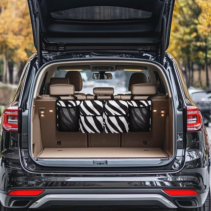 Zebra Print Car Trunk Organizer Hanging Car Backseat Storage Bag Waterproof Collapsible Cargo Bag with 4 Pouches Trunk Storage and Decorative Accessories