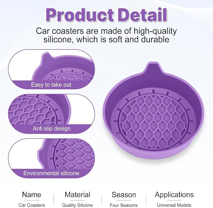 SINGARO Car Cup Holder Coaster, Silicone Cup Holder Insert, Universal Non-Slip Cup Holders, Car Accessories Interior for Women and Man 4 Pack Light Purple