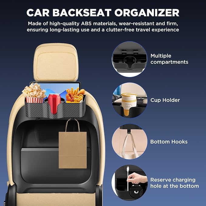 Car Headrest Backseat Organizer with Cup Holder, 3 in 1 Storage Box Organizer & Hooks for Car, for Hold Phone, Snacks, Drinks, Handbag, Compatible with Most Vehicles Black 2pcs