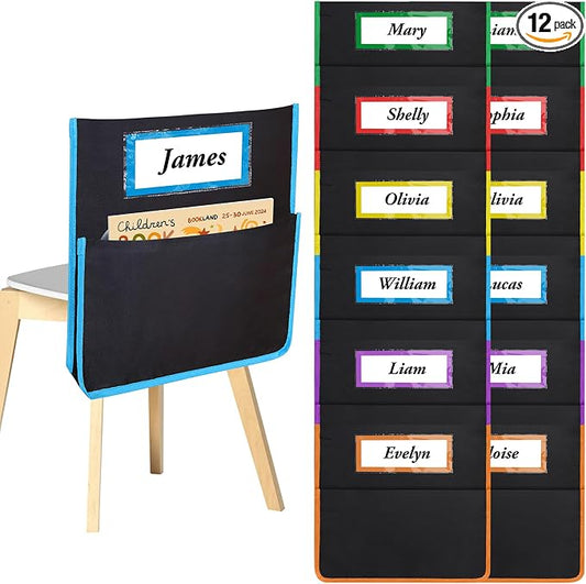 AZKAQA Chair Pockets for Classroom 15.6x16.8 Inch - 12 Pack Chairback Buddy Pocket Chart Seat Back Organizer Student Storage with Lable Slot for Classroom Kindergarten School Home (Multicolors)