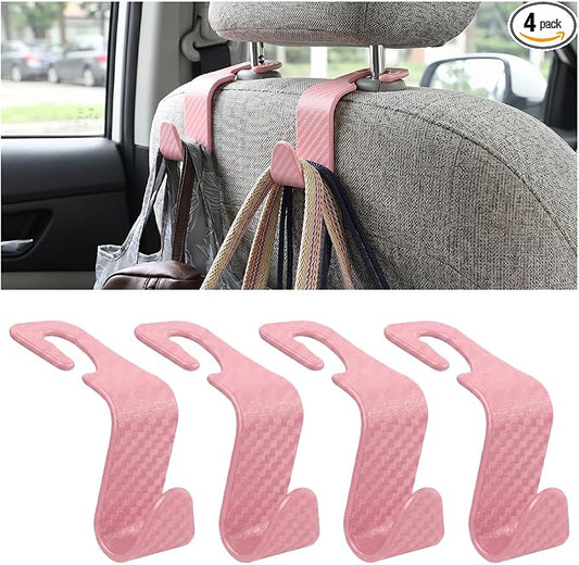 4PCS Car Seat Headrest Hooks, Auto Back Seat Hanger Holder, Durable Stylish Vehicle Organizer Universal Car Interior Accessories, Storage Hooks for Purses, Bags, Clothes (Carbon Fiber/Pink)