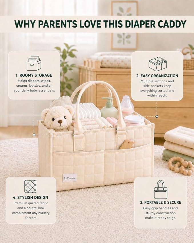Baby Diaper Caddy Organizer, Portable Nursery Storage Basket with Handle for Newborn Boy or Girl, Gift for Baby Shower Essentials, Registry Must Have Bag, Caddie Car Organizer, Beige