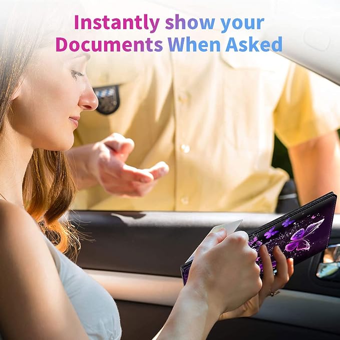 Car Registration and Insurance Holder,Leather Insurance License and Registration Card Holder for Car Glove Box, Auto Truck Document Holder Organizer for Men Women-Purple Butterflies Flower