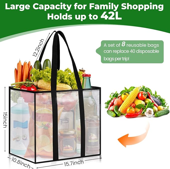 8 Pack Reusable Grocery Bags, Heavy-Duty Shopping Bags with Sturdy Handles, Water-Resistant & Foldable Organizer, Shopping Tote Bags for Groceries, Market, Car Trunk, Multi-Purpose, 42L