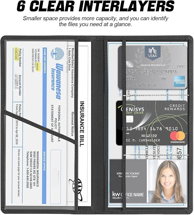 XINLIYA Car Registration and Insurance Card Holder, PU Glove Box Essential Documents Paperwork Driver License Organizer for Car, Wallet Case Auto Vehicle Truck Accessories (Black)