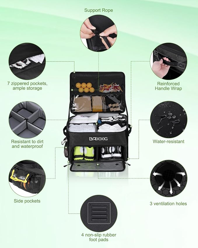 Golf Trunk Organizer, Waterproof Car Golf Locker with Separate Ventilated Compartment for 2 Pair Shoes, Golf Storage for Balls, Tees, Cap, Clothes, Gloves, Accessories, Gifts for Men, Women