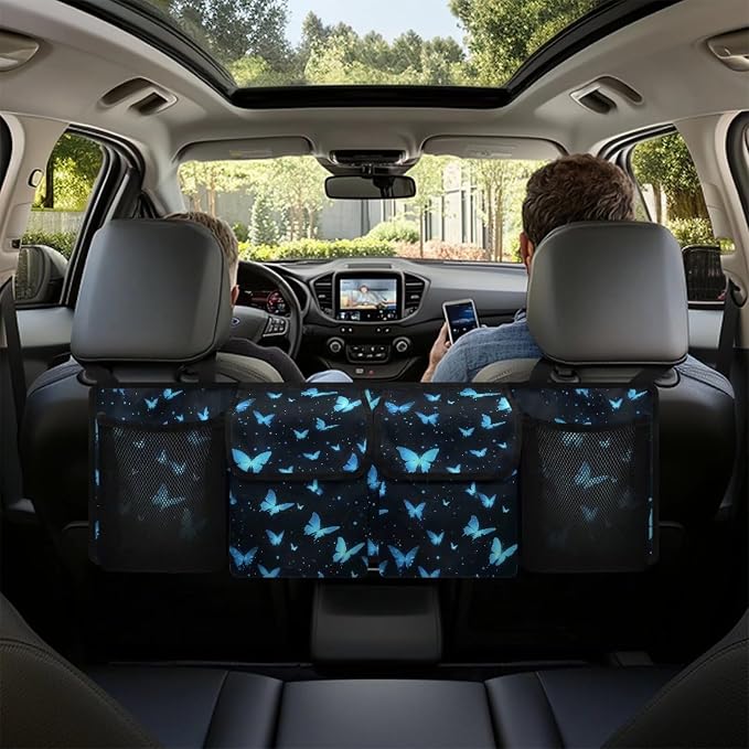 Blue Butterfly Print Car Trunk Organizer with 4 Pockets Hanging Car Backseat Storage Bag Detachable Car Storage Accessories for SUV Sedans Hatchback Crossover Minivan