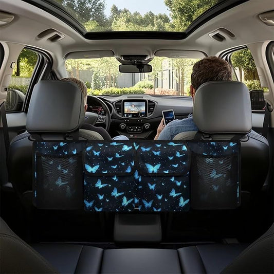 Blue Butterfly Print Car Trunk Organizer with 4 Pockets Hanging Car Backseat Storage Bag Detachable Car Storage Accessories for SUV Sedans Hatchback Crossover Minivan