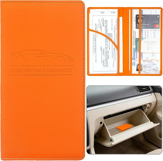 Car Registration and Insurance Holder, Premium Pu Leather Vehicle Glove Box Organizer - for Driver License, Cards & Essential Documents (L-Orange)