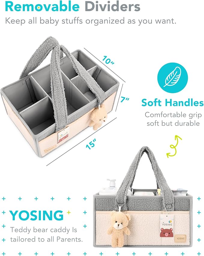 YOSING Diaper Caddy Organizer for Changing Table, Newborn Caddy for Car Travel, Nursery Storage and Car Organizer for Diapers and Baby Wipes, Gray+ White