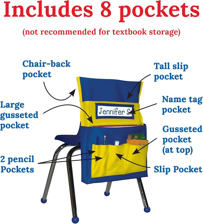 Carson Dellosa 6-Pack Yellow & Blue Chairback Buddy Pocket Chart Set, 15" x 19" Back of Chair School Supplies Pocket Organizer with Name Tag and 6 Chair Pockets for Classrooms, Classroom Organization