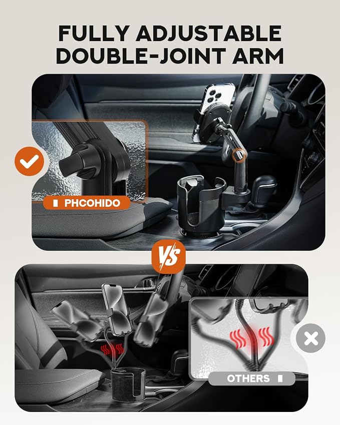2 in 1 Universal Cup Holder Phones Mount for Car, Cup Holder Expander with Adjustable Base, 360° Roatation Cell Phone Holder with Long Arm Compatible with iPhone All Smartphones
