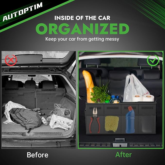 AUTOPTIM Car Trunk Organizer - 65L Collapsible Car Organizer with Non Slip Bottom & Multiple Pockets for Groceries, Trunk Storage with Base Panel for SUV Sedan Van, 2 Compartments (Black, Medium)
