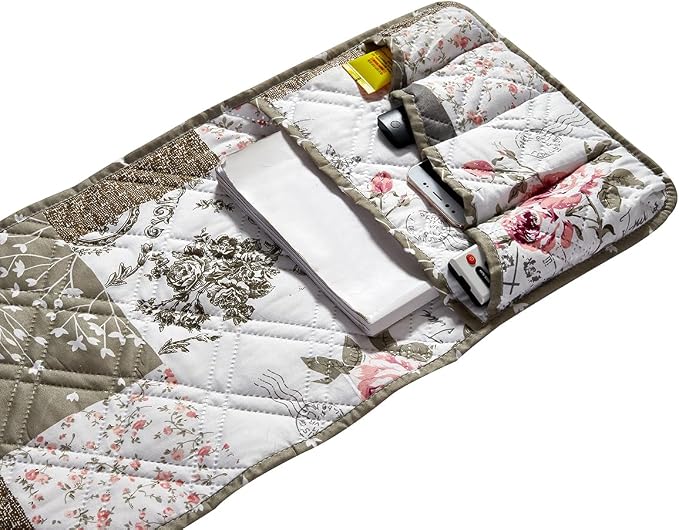 Brilliant Sunshine Pink Rose and Grey Toile Patchwork Couch Armrest Organizer, Non Slip Armchair Caddy for Sofa Recliner, Washable Remote Control Holder, Storage for Magazine, Phone, iPad (35"×13")