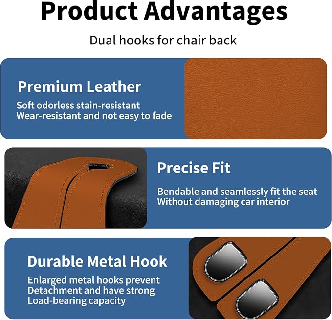 Headrest Hooks for Car, Fit for BMW Accessories X3 X5, Car Hooks Microfiber Leather and Stainless Steel Seat Back Storage Holder for Purses, Bags (Saddle Brown)