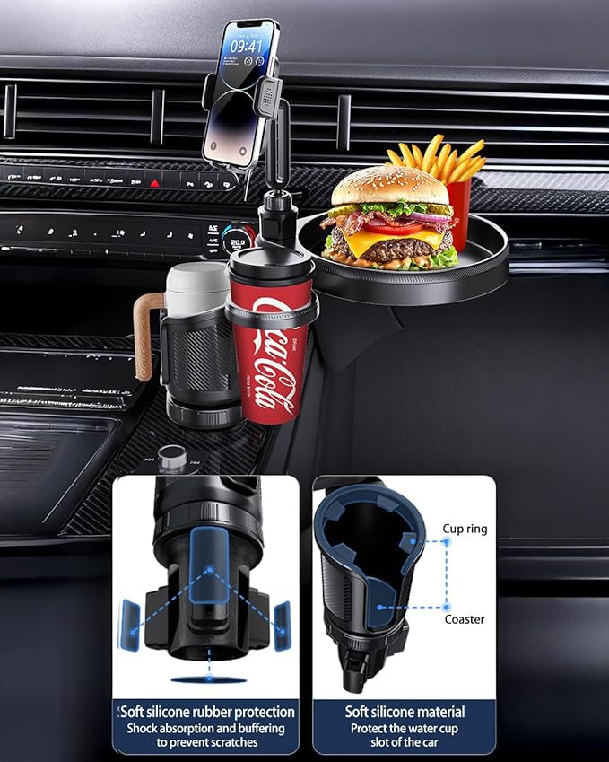 4-in-1 Upgrade Car Cup Holder Tray- Expandable Car Food Table Tray | Multifunctional Detachable Car Tray with Phone Holder | Adjustable Cup Holder for Car Road Trip Essentials