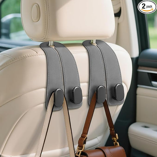 Car Seat Headrest Hooks - 2 Pack Universal Car Purse Hook, Leather Car Bag Purse Holder with Double Metal Hooks for Handbags, Grocery Bags, Bottles, Phones