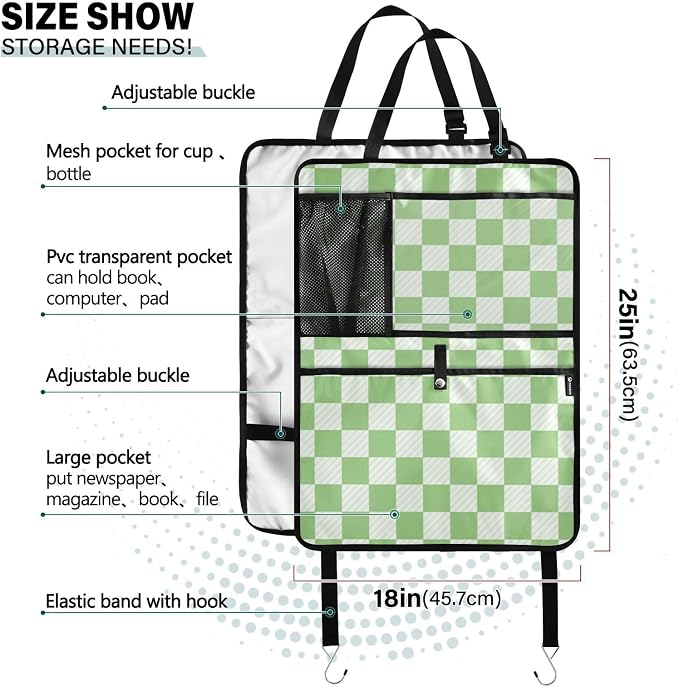 Checkered Light Green 1 Pack Backseat Car Organizer with Storage Pockets Seat Back Organizers for Kids Kick Mats Backseat Protector Automotive