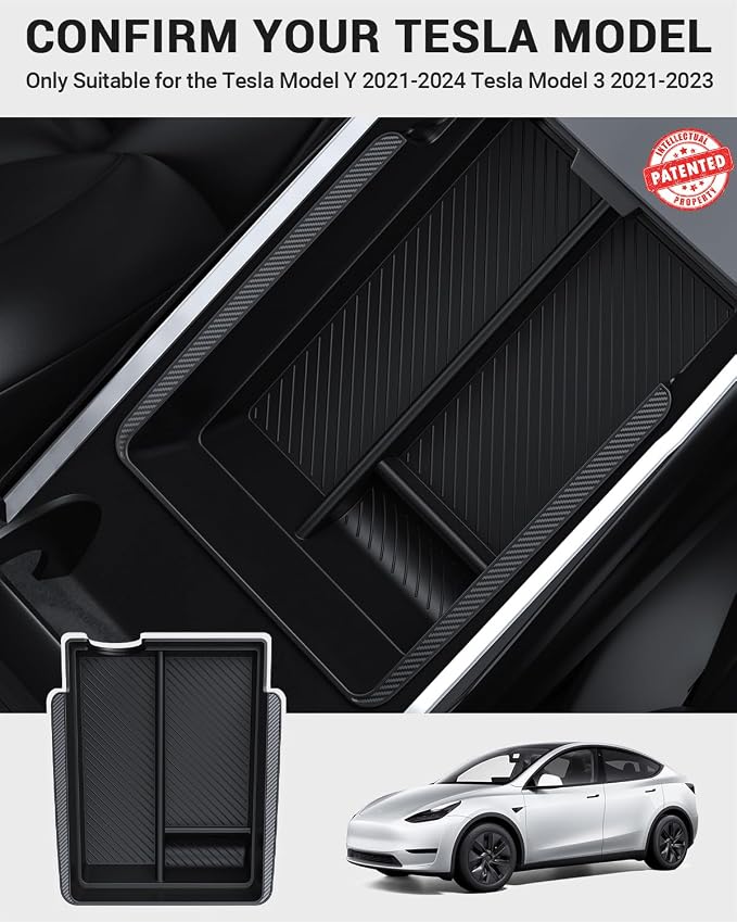 BASENOR 3PCS Center Console Organizer Compatible with Tesla Model Y 2021-2024 & Model 3 2021-2023, [Carbon Fiber Edition] Armrest Hidden Storage Box Interior Accessories