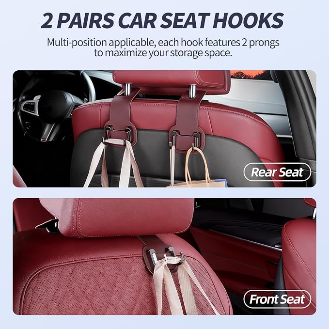 2 Packs Headrest Hooks for Car, Hidden Twinhook Leather & Metal Car Purse Holders, Universal for BMW X5 X3 X1 X7 Accessories, Seat Back Storage Organizer Hanger for Purse Bag Phones(Red)